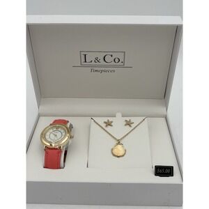 L & Co.‎ Women's Watch Necklace Earrings Set Coral Gold Tone Jewelry Seashell